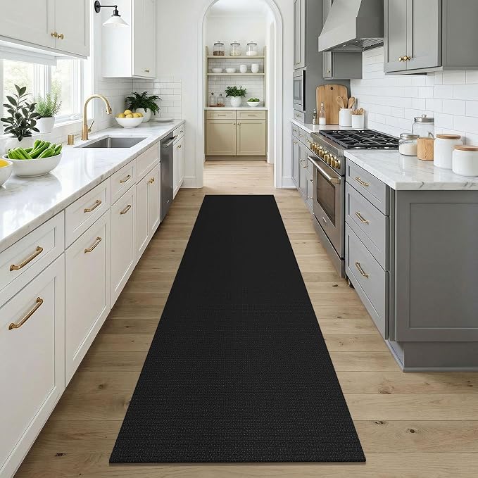 KOZYFLY Black Runners for Hallway 3x9, Wide Washable Runner Rug, Woven Non Slip Kitchen Runner, Braided Entryway Rug, Floor Carpet for Foyer, Bedroom, Hall, Black/Dark Grey