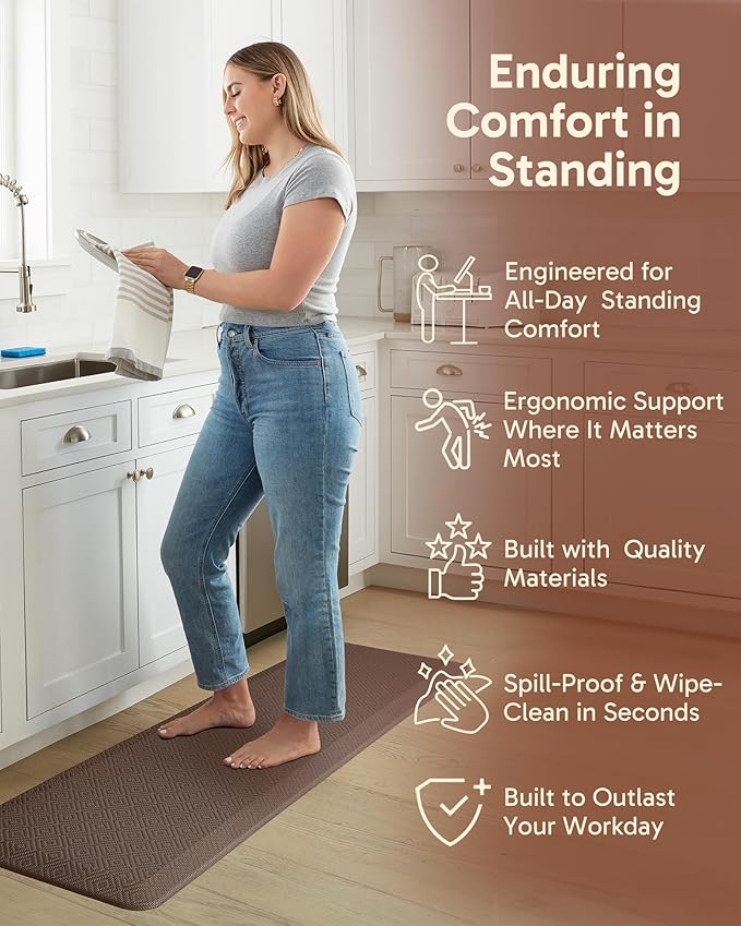 Ophanie Kitchen Mats for Floor, 3/4 Inch Thick Kitchen Rugs, 20'' x 60'' Anti Fatigue Standing Cushioned Mat, Waterproof,Comfort Ergonomic Mat for Office, Home, Sink, Brown Non-Slip Bottom