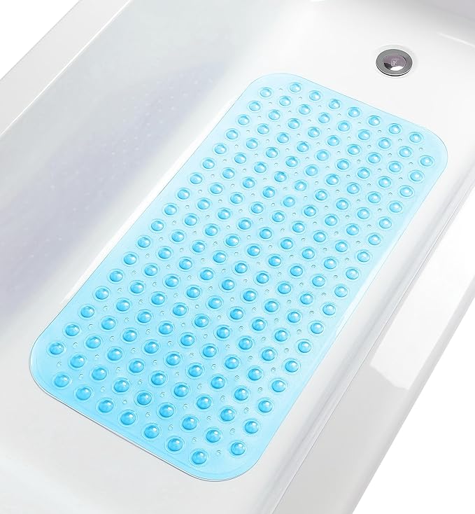 Large Non-Slip Bathtub & Shower Mat 31 inch x16 inch (Smooth/Non-Textured Tubs Only) Safe, Clean, Machine-Washable, Superior Grip&Drainage, Vinyl, Transparent Light Blue, Medium