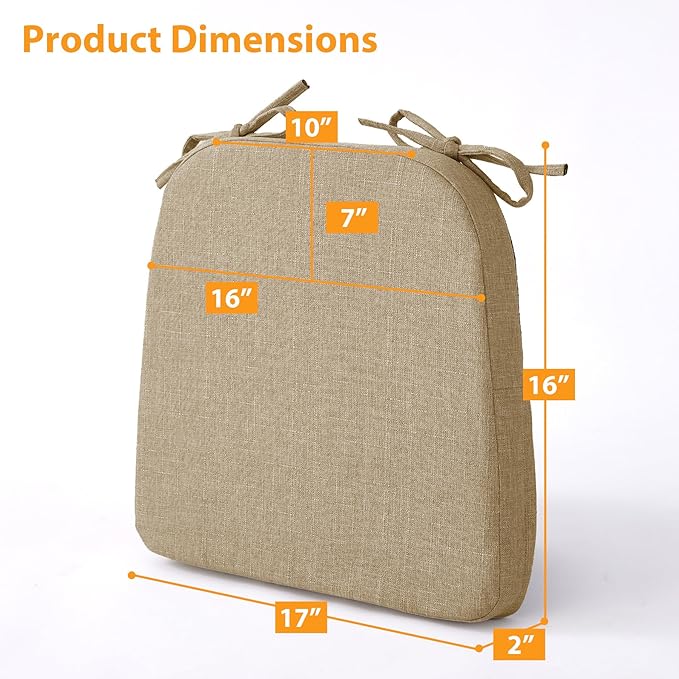 Ruqmuis Chair Cushions for Dining Chairs, 2" Thick Seat Cushions for Kitchen Chairs, D-Shaped Chair Pads with Washable Cover, Ties and Non Slip Backing, 17'' x 16'', Set of 4, Khaki