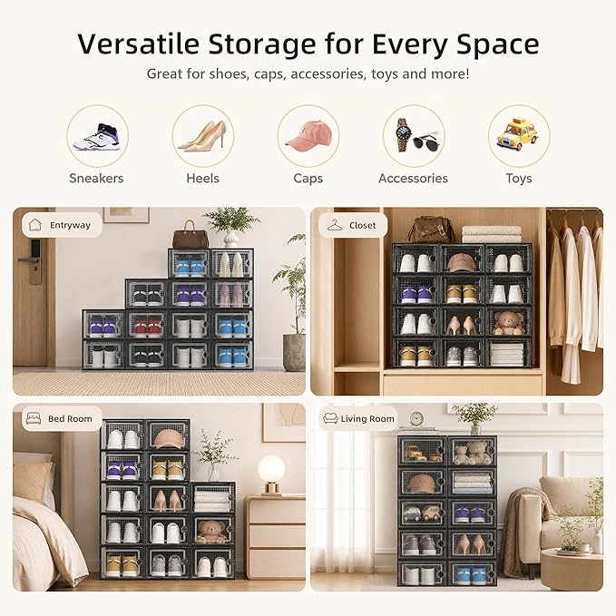 Kuject X-Large Shoe Storage Boxes Organizers Clear Plastic Stackable 12 Pack, Shoe Rack & Holder Substitute, Sneaker Containers, Toy Storage Organizer Bins for Entryway, Closet, Under Bed, Black