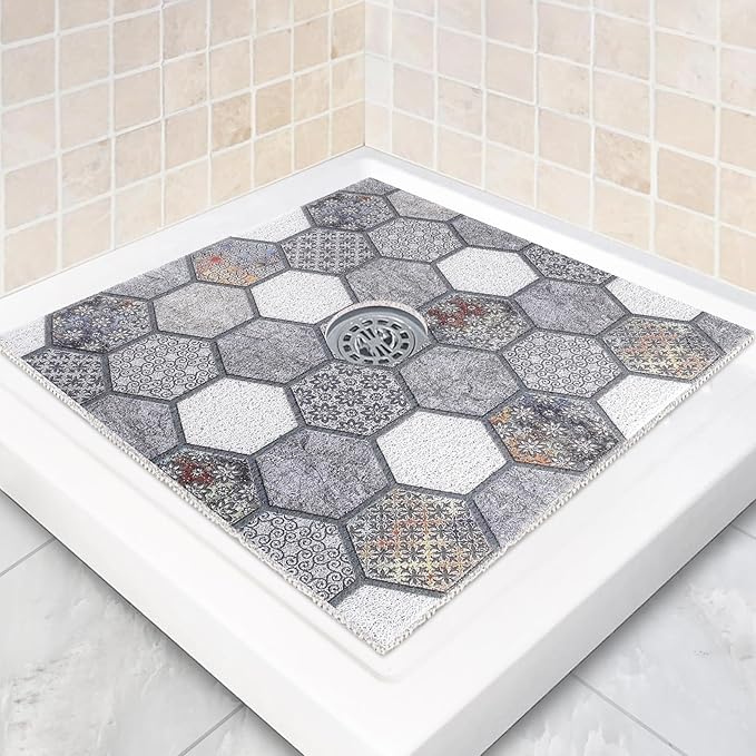 Square Shower Mat Non Slip: 36 x 36 Inch Extra Large Shower Mats with Drain Hole in Middle - PVC Loofah Anti Slip Shower Floor Matt for Inside Shower