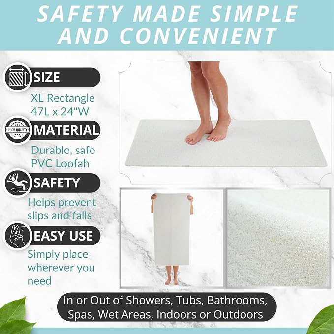 Anti Slip Shower Mat - Non Slip Shower Mats for Inside Shower - Large 47x24 Loofah Shower Floor Mat Non Slip - Bath Mat for Shower - Secure Mat Without Suction Cups (47x24 White)