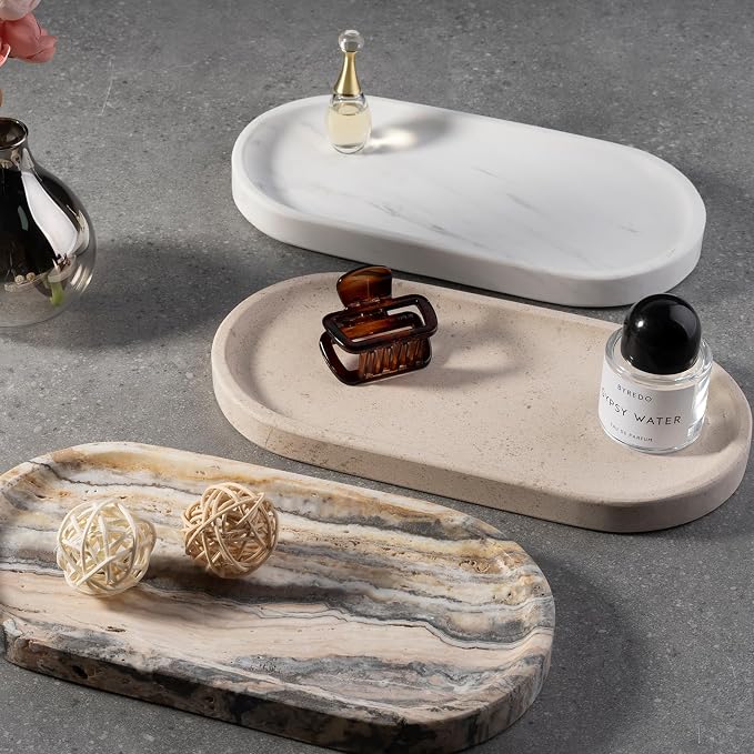 Koville White Marble Oval Tray for Bathroom Countertop, 10" x 5" Natural Marble Vanity Trays, Stone Perfume Organizer Tray for Decor, Jewelry Dish Perfume Trays for Dresser