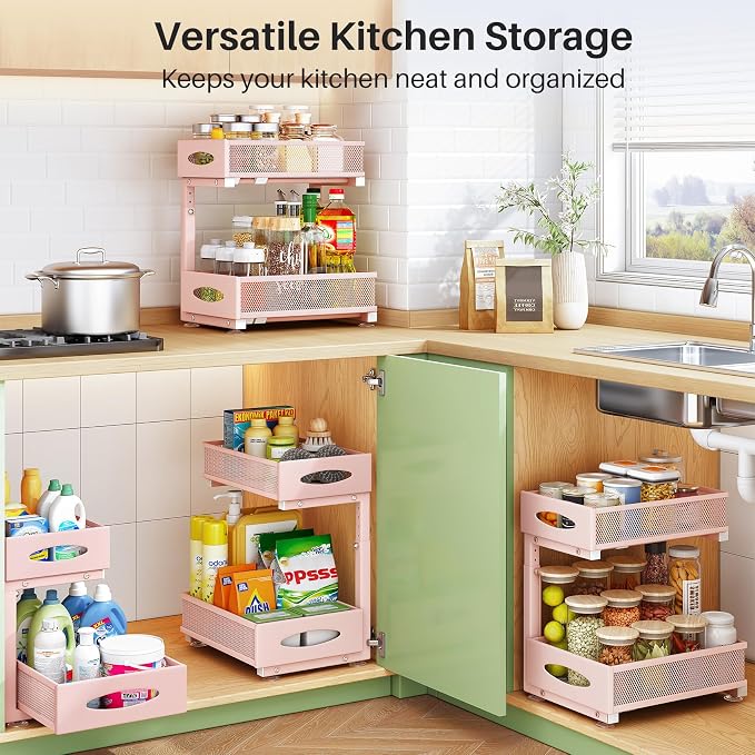 Under Sink Organizer, 2 Tier Pull out Cabinet Organizer Baskets with Mesh Sliding Drawers, Slide out Storage Shelf for Home, Kitchen, Bathroom, Pantry, Office Cabinet(1 Pack, Pink)