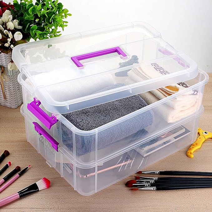 JUXYES 2-Tiers Stack Carry Storage Box With Handle, Transparent Stackable Storage Bin With Handle Lid Latching Storage Container for School & Office Supplies