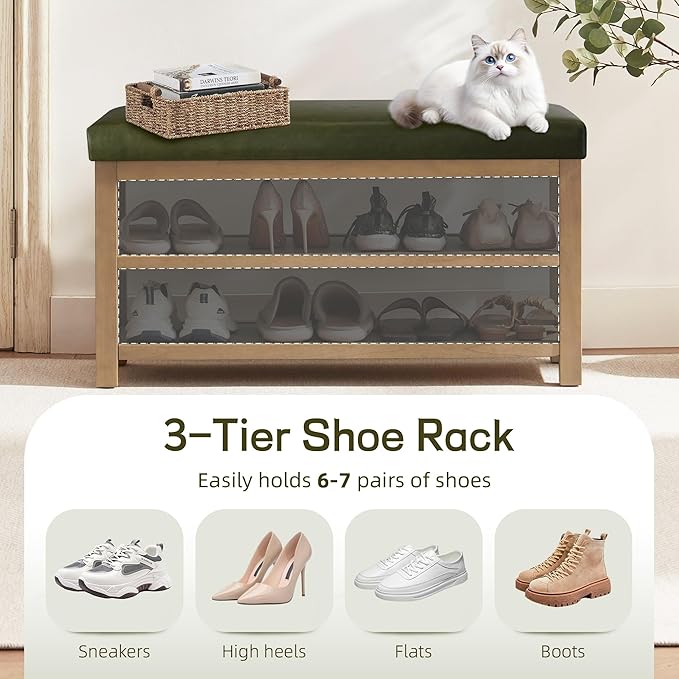 Zihanhome Shoe Rack Bench with Leather Cushion, 2 Tier Solid Wood Storage Bench, Mid-Century Modern Shoe Bench for Entryway, Hallway, Closet, Front Door Entrance, Foyer (Green, 31.5)