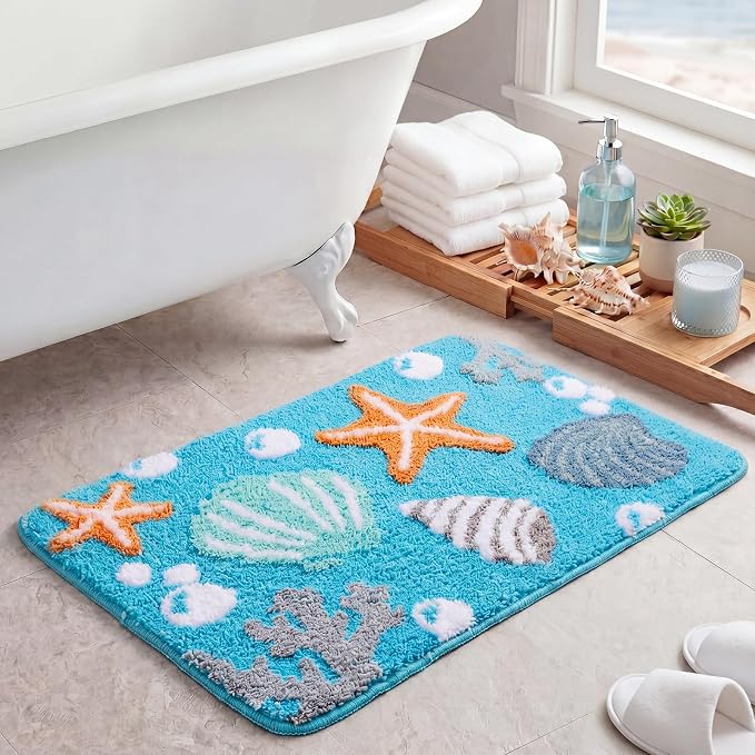 Capoda 1 Pcs Coastal Beach Bathroom Rug 20 x 30 Inch Starfish Seashells Coral Bath Mat Non-Slip Soft Plush Microfiber Ocean Themed Shower Rug for Bathroom Bedroom Entryway Decor(Coastal, Light Blue)
