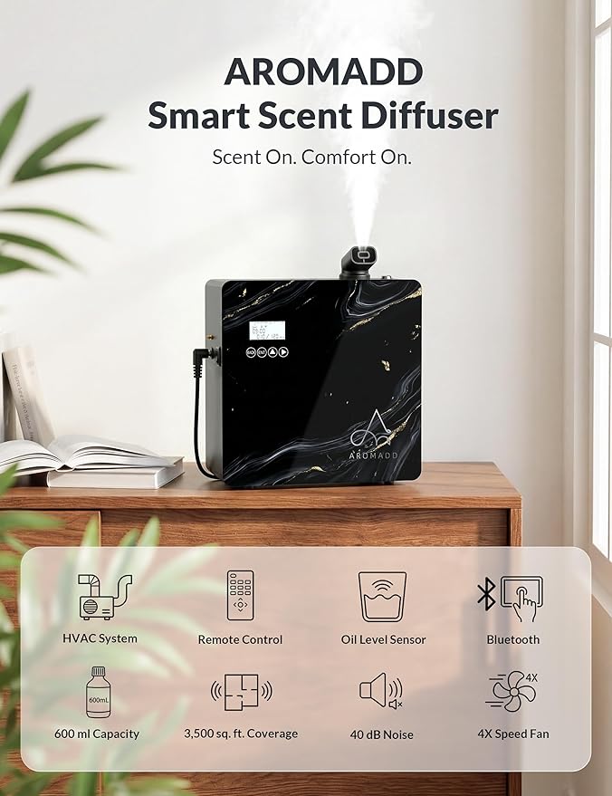 2026 Upgraded 3500 Sq.Ft HVAC Scent Diffuser for Home, Smart Whole House Scent System with App & Remote Control, Hotel Collection Waterless Diffuser for Large Room, Cold Air Tech, 600mL, Marble Black