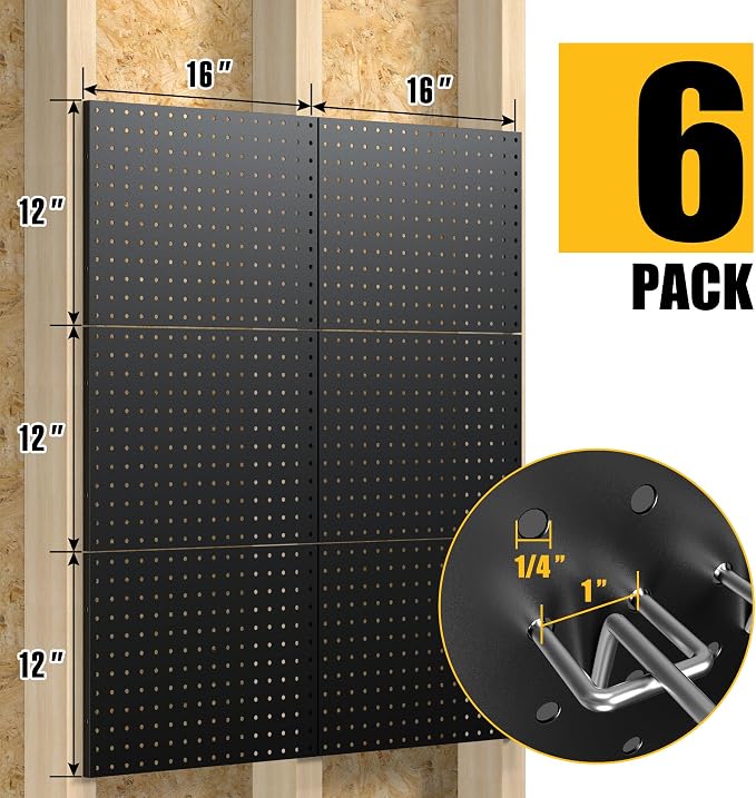 Spampur Peg Board, 6 Pack Metal Pegboard Panels Black Pegboards Wall Organizer with 50 Hooks, Heavy Duty Peg Board for Walls Home, Garage Tool Storage, Office Organization, Craft Room, Kitchen