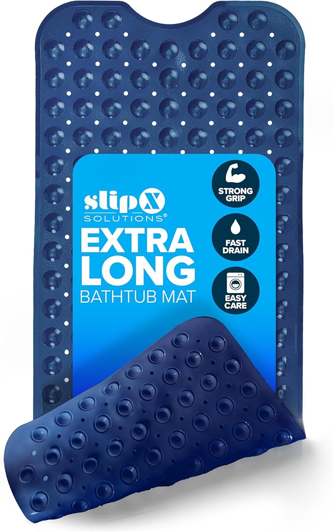 SlipX Solutions Power Grip Extra Long Bath Tub & Shower Mat 39x16, Wet Floor Non-Slip for Elderly & Kids Bathroom, 30% Longer Bathtub Mats, 200 Suction Cups, Drain Holes (1, Navy)