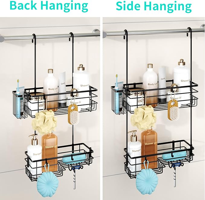 HapiRm Hanging Shower Caddy Organizer - No Drilling Shower Shelves with Hooks and Toothbrush Holder, Rustproof 304 Stainless Steel Bathroom Organizer - Black