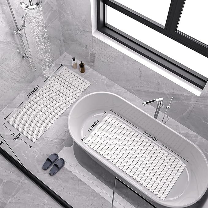 XIYUNTE Shower Mat Non Slip Bath Mat for Tub Non Slip Bathtub Mat - 36 x 16 inches Bath Tub Mat Anti Slip Shower Mats for Inside Shower with Powerful Suction Cups and Drain Holes, Cream White