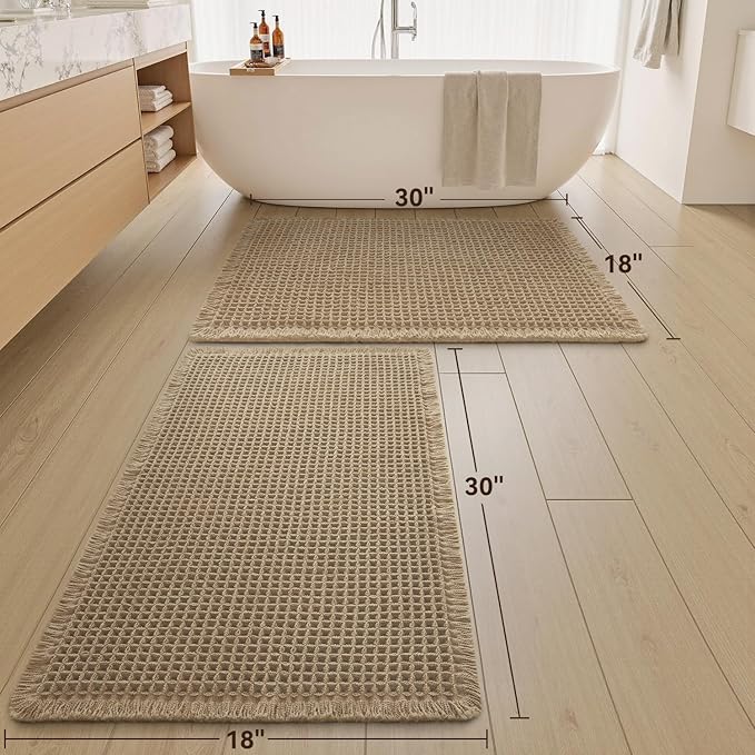 Upgraded Waffle Bath Mats Set of 2, Super Absorbent Non Slip Bath Mats for Bathroom Floor, Washable Boho Bathroom Rugs Set 2 Piece with Tassels, Soft Bathroom Mat Set, 18" x 30" (2 Pack), Brown