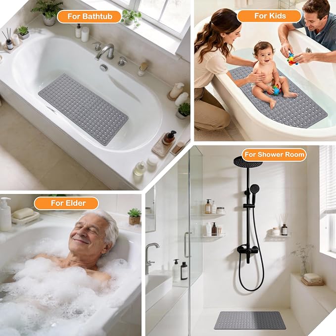Yimobra Bathtub Mat Non Slip, 27.5"X15.5" Machine Washable Shower Floor Mat, Soft on Feet, Bathmat with Drain Holes and Suction Cups, Bathroom Essentials, Grey