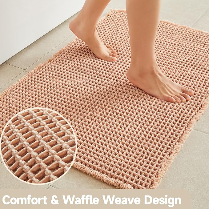 TYUU Waffle Bath Mat, Boho Bathroom Rugs Non Slip Washable Super Absorbent Quick Dry Bath Mat Farmhouse Bathroom Decor, 48"x24" Light Peach