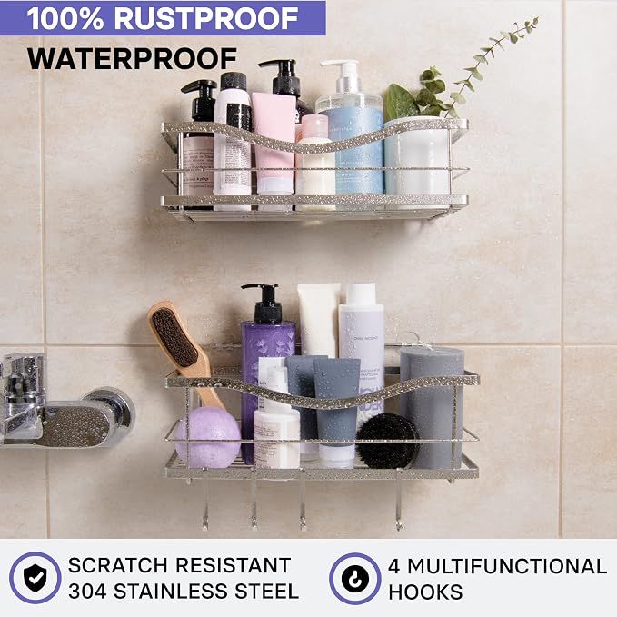 KINCMAX Premium Shower Caddy, Self Adhesive Wall Shower Organizer, 2-Pack No Drill Bathroom Shelves, Rustproof Stainless Steel Shampoo Holder, Storage Rack, Silver