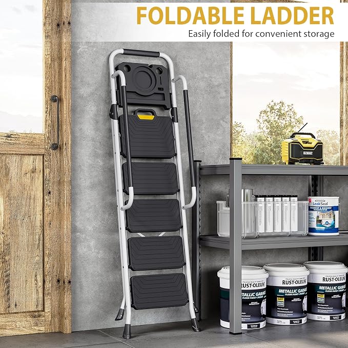 KINGRACK 5 Step Ladder, Folding Step Stool with Comfortable Handrail, Wide Anti-Slip Pedals & Safe-Lock Design, 800lbs Load Capacity, Sturdy Steel Portable Ladder, Perfect for Home and Kitchen, White