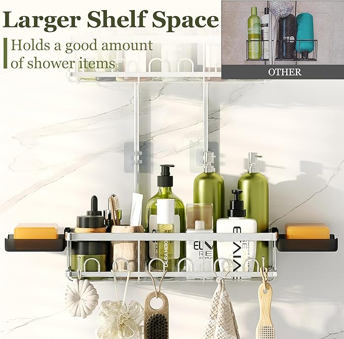 Skyapex Shower Caddy Hanging: Adjustable Height, Rustproof Shelves with Hooks, 2 Soap Holders - Silver Shower Organizer Over Showerhead