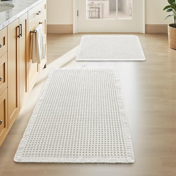 Upgraded Waffle Bath Mat Set of 2, Super Absorbent Non Slip Bath Mats for Bathroom Floor, Washable Boho Bathroom Rugs Set 2 Piece with Tassels, Soft Bathroom Mat Set, 17" x 24" +18" x 30", White