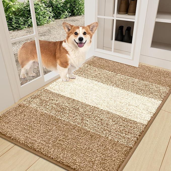 Smiry Dog Door Mat for Muddy Paws, Absorbs Moisture and Dirt, Low-Profile Entryway Mat with Non-Slip Backing, Entry Indoor Outdoor Doormat for Inside Floor (36x24 Inches, Camel, Striped)