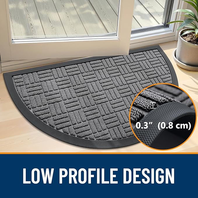 OLANLY Half Circle Door Mat Outside Entrance 29.5x17, Absorbent, Heavy Duty Sturdy Natural Rubber Doormat Indoor Outdoor, Fade Resistant, Non-Slip Backing Low Profile Floor Mat for Entryway, Grey