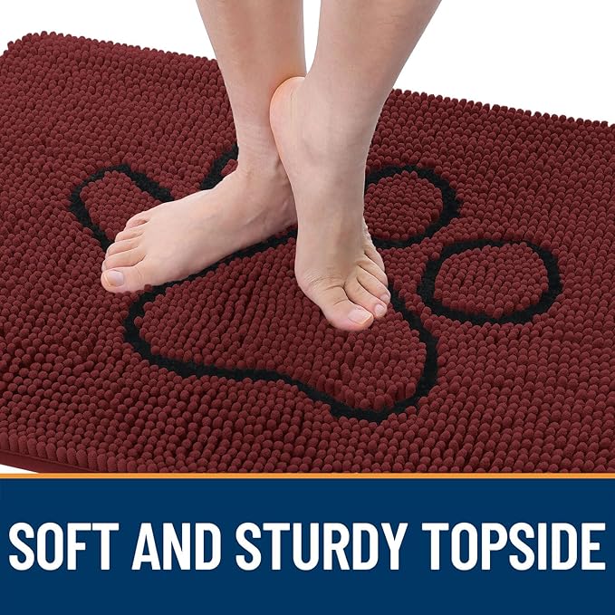 OLANLY Dog Door Mat for Muddy Paws 30x20, Paw Print Design, Absorbs Moisture and Dirt, Absorbent Non-Slip Washable Doormat, Quick Dry Chenille Mud Mat, Entry Indoor Entryway Carpet, Caramel Russet