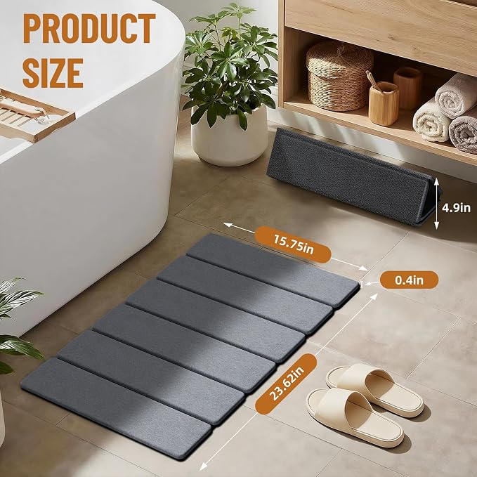 Luxspire Stone Bath Mat Foldable, Quick Drying Diatomaceous Earth Bath Mat for Bathroom, Large Bathroom Rug with Non-Slip Rubber Base, Easy Clean Accessories Outside Shower, 24 x 16 in, Dark Gray