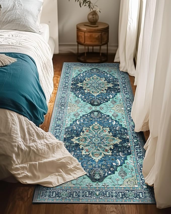 RELEANY Area Rugs Runner 2'x6' Washable Non-Slip, Floral Vintage Distress Medallion Carpet for Kitchen Hallway Bedroom Beside Laundry Room Bathroom, Teal Green Lake Blue Turquoise