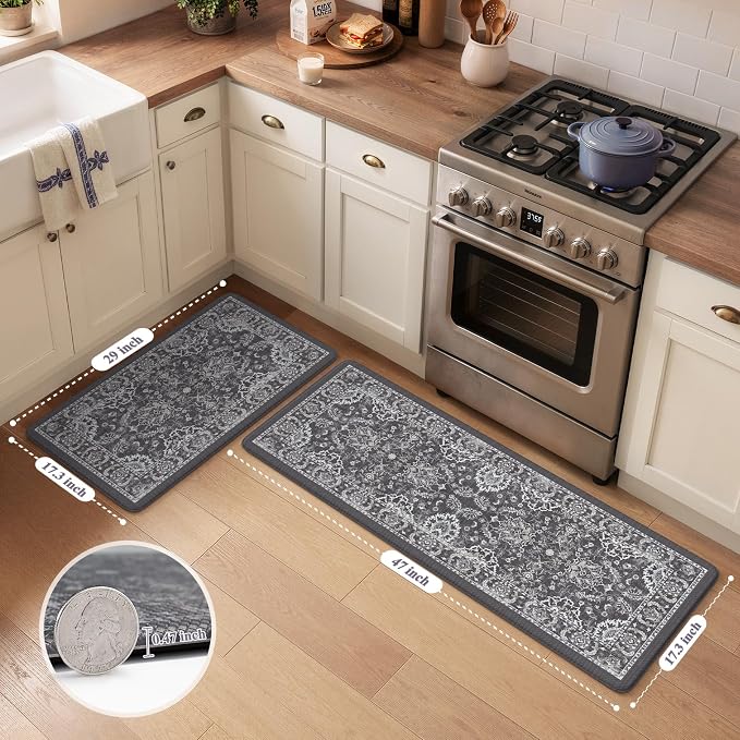 KIMODE Comfort Kitchen Mats for Floor Cushioned Anti Fatigue 2 Piece,Boho Floral Kitchen Rugs Non Slip,Waterproof Memory Foam Kitchen Mat Carpet for Laundry Office Home,Dark Grey 17"x29.5"+17" x47”
