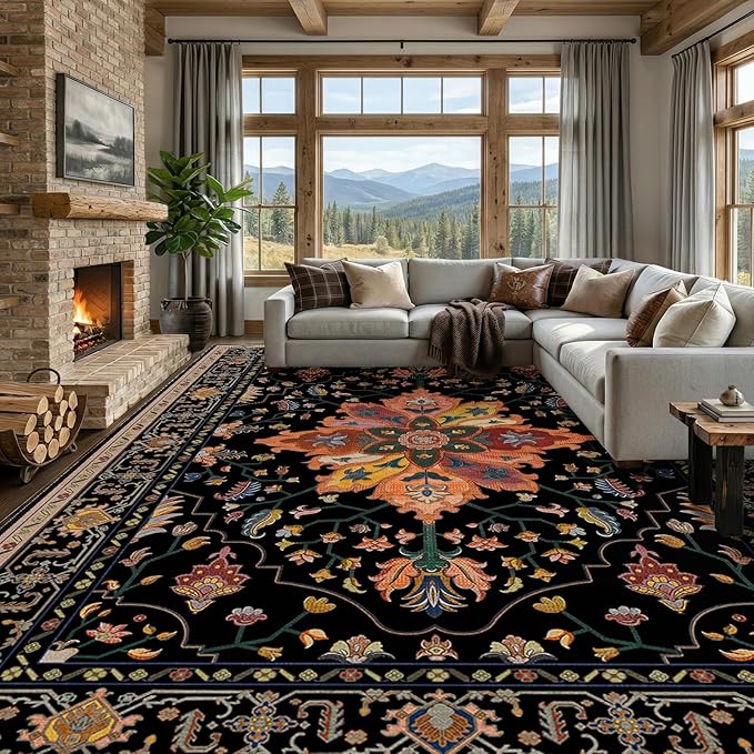 RELEANY Area Rugs Large 10'x14' Washable Non-Slip, Floral Vintage Distress Medallion Carpet for Living Room Bedroom Dining Room, Black Colorful Floral Dark Tan