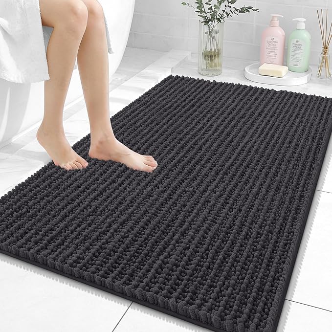 OLANLY Bathroom Rug Mat 40x32, Thick Soft and Absorbent Chenille Bath Mat, Non-Slip Rubber Backing, Machine Washable Quick Dry Bath Rugs for Tub Shower Floor, Home Decor Accessories, Dark Grey