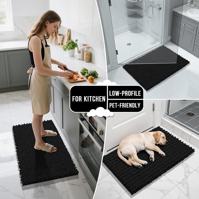 Yimobra Bathroom Rugs Non Slip Washable 32x20 Inch - Ultra Soft Absorbent Chenille Bath Mat, Quick Dry Shaggy Floor Carpet for Tub Shower, Black Home Decor Accessories