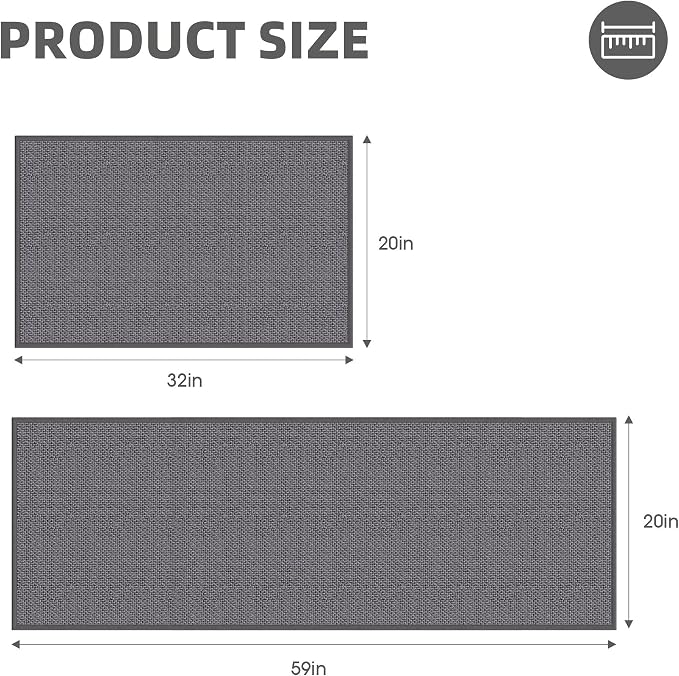 Kitchen Mats for Floor 2 Piece - Kitchen Rugs Non Slip Washable 20"x32"+20"x59", Grey