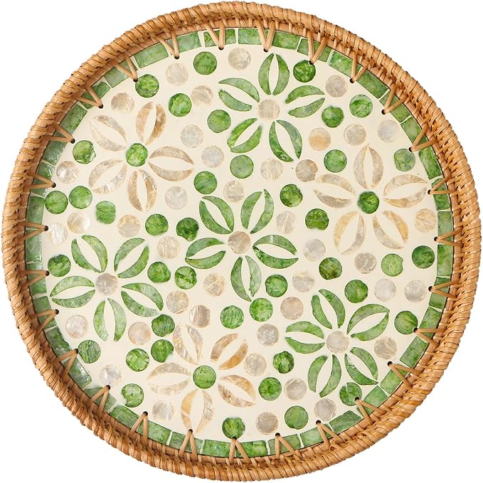 Round Rattan Tray with Mother of Pearl Inlay, Decorative Wicker Serving Tray with Wooden Base, Woven Basket Trays for Bread Fruits Coffee, Starfruit