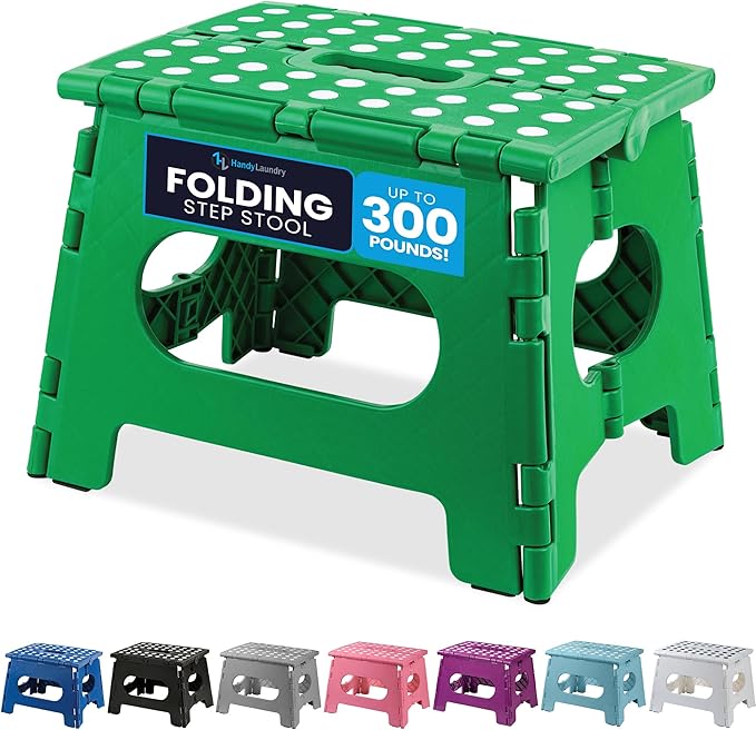 Handy Laundry Folding Lightweight Step Stool - Sturdy Enough to Support Adults - Opens Easy with One Flip - Great for Kitchen, Bathroom or Bedroom (Green - 9 Inch)