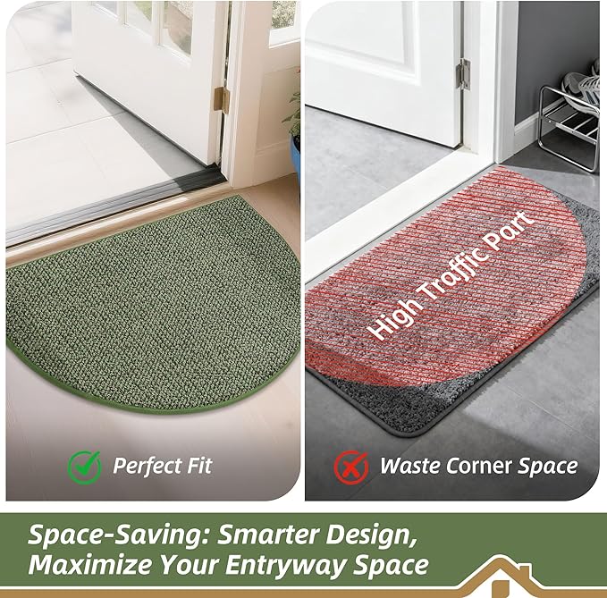 BEQHAUSE Dirt Trapper Door Mat 26" x 40" Half Circle Non-Slip Washable Doormats Entrance Rugs Absorbent Welcome Low Profile Floor Mats for Front Back Door and Entryway, Green