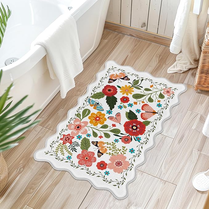 Arenarug Scalloped Kitchen Mats for Floor Cushioned Anti Fatigue Kitchen Mats Rugs Waterproof Non Slip Farmhouse Boho Floral Comfort Foam Standing Mat for Sink Laundry, White, 17.3x30