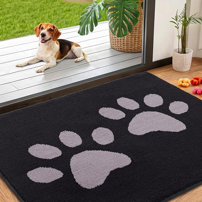 Smiry Dog Door Mat for Muddy Paws, Absorbs Moisture and Dirt, Low-Profile Entryway Mat with Non-Slip Backing, Entry Indoor Outdoor Doormat for Inside Floor (40x32 Inches, Black and Grey, Paw