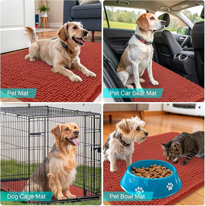 OLANLY Dog Door Mat for Muddy Paws 47x24, Absorbs Moisture and Dirt, Absorbent Non-Slip Washable Doormat, Quick Dry Chenille Mud Mat for Dogs, Entry Indoor Entryway Carpet for Inside Floor, Maple Red
