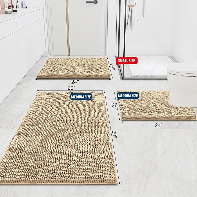 Smiry Luxury Chenille Bathroom Rugs 59x20, Extra Soft and Absorbent Shaggy Bath Mat, Machine Washable, Non-Slip Plush Carpet Runner for Tub, Shower, and Floor, Home Decor Accessories, Beige