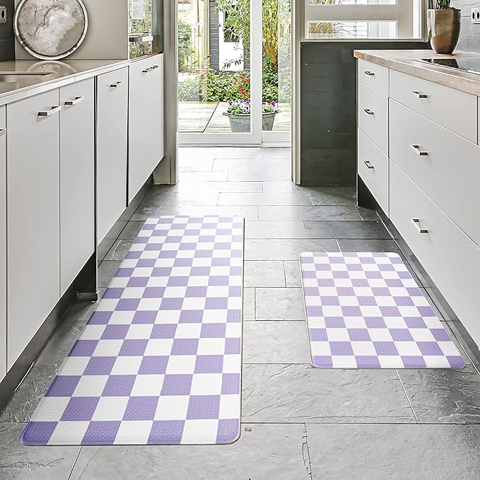Purple Checkered Grid Checkerboard Kitchen Rug Sets [2 PCs], Anti-Fatigue, Waterproof Non-Slip Kitchen Mats Heavy Duty Ergonomic Comfort Foam Rug for Floor, Home, Laundry,17"x29"+17"x47"