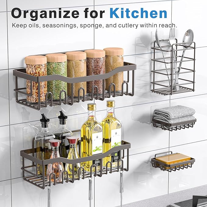 5-Pack Shower Caddy, No Drill Adhesive Shower Organizer, Rustproof Stainless Steel Bathroom Organizer, Space-Saving Bathroom Shelves for Apartment Essentials, Kitchen Storage Home Decorr-Larger