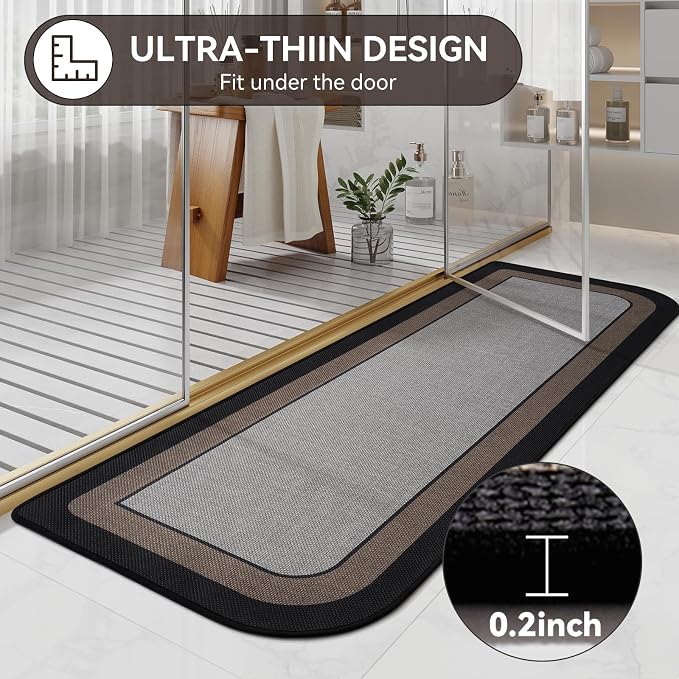 YDKGL Bathroom Runner Rug, Thin Bath Mat Non Slip Washable Large Bathroom Rugs, Rubber Backing Quick Dry for Floor, Tub and Shower, Grey Black 24x70