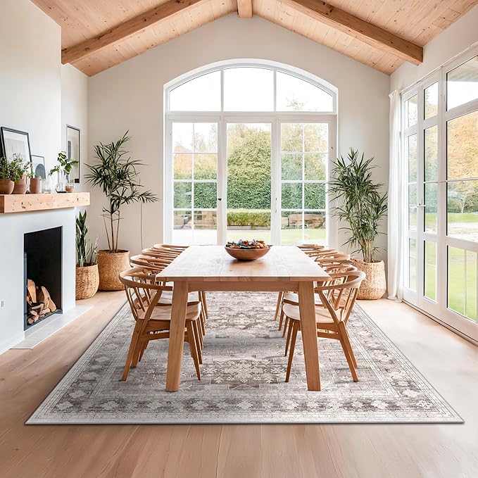 Boho Beige Rug for Living Room - Washable 10x12 Area Rug, Dining Room Rugs for Under Table, Soft Low Pile Carpet for Bedroom - Farmhouse Decor, Non-Slip & Stain Resistance (10x12 Beige/Latte)