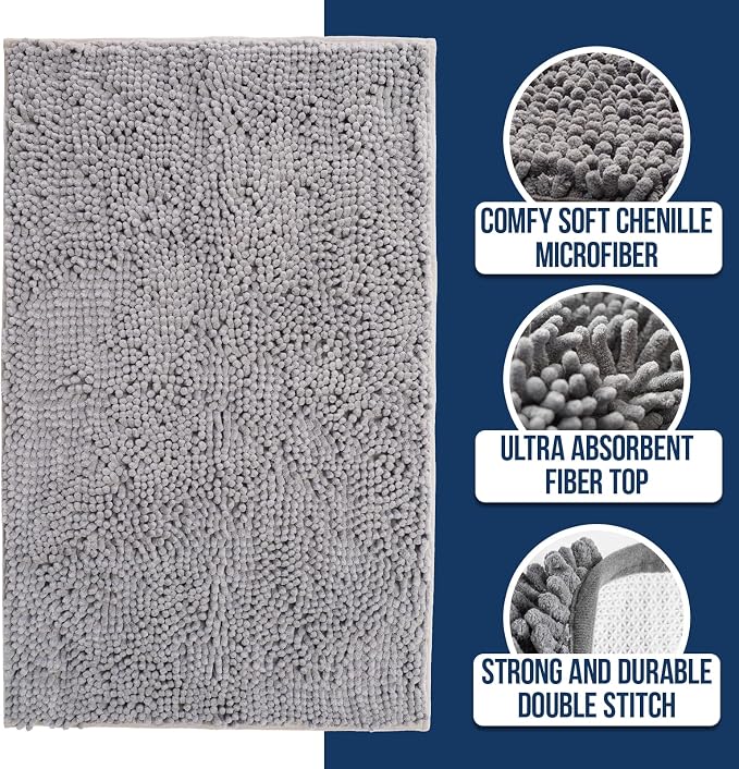 Muddy Mat® | Chenille Bathroom Rugs Quick Dry Microfiber Mats Non Slip Washable, Extra Thick, Soft and Highly Absorbent Bath Mats for Bathroom, Kitchen, and Shower Floor - Grey 24"x35"