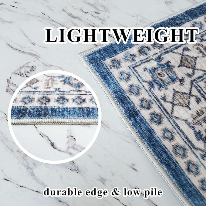 2x4 Non-Slip Entryway Area Rugs: Washable Stain Resistant Kitchen Carpet Printed Doormat Soft Low Pile Nursery Rug Vintage Small Floor Mat for Hardwood Bedroom Cozy Home Decor fot Family(2x4,Blue)