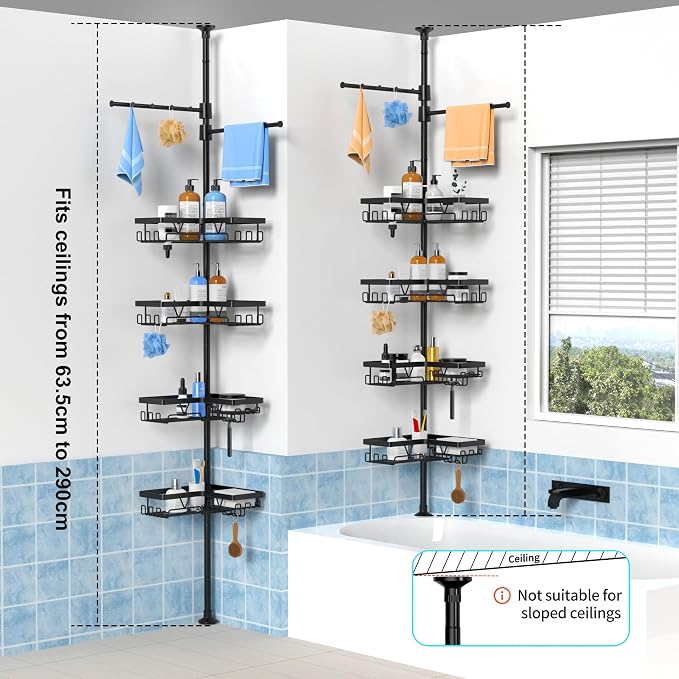 KEGII Black Shower Caddy Tension Pole with 2 Towel Bars, Adjustable Corner Bathroom Organizer, Rustproof Bathtub Storage Shelves for Shampoo, 25–114.2 Inch Shower Corner Rack for Renters & Family