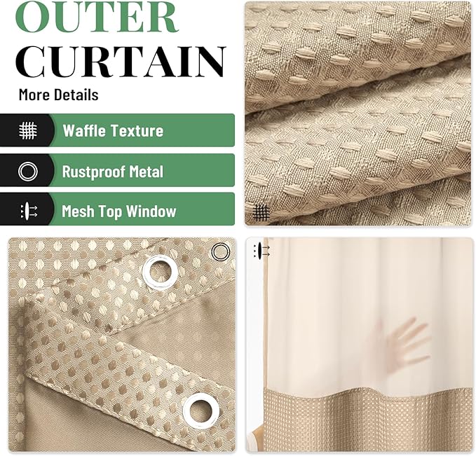 Dynamene 78 Inch Long Shower Curtain, Tall Waffle Fabric Shower Curtains for Bathroom, Hotel Waterproof Cloth Shower Curtain Liner Set with Hooks, Snap in Liner, Mesh Top Window, Beige, 72x78