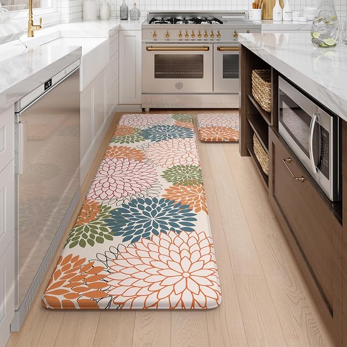 Collive Kitchen Rugs and Mats Cushioned Anti Fatigue Kitchen Mat 2PCS Non-Skid Waterproof Kitchen Runner Rug Comfort Foam Standing Mat for Floors,Office,Laundry,Sink,Floral